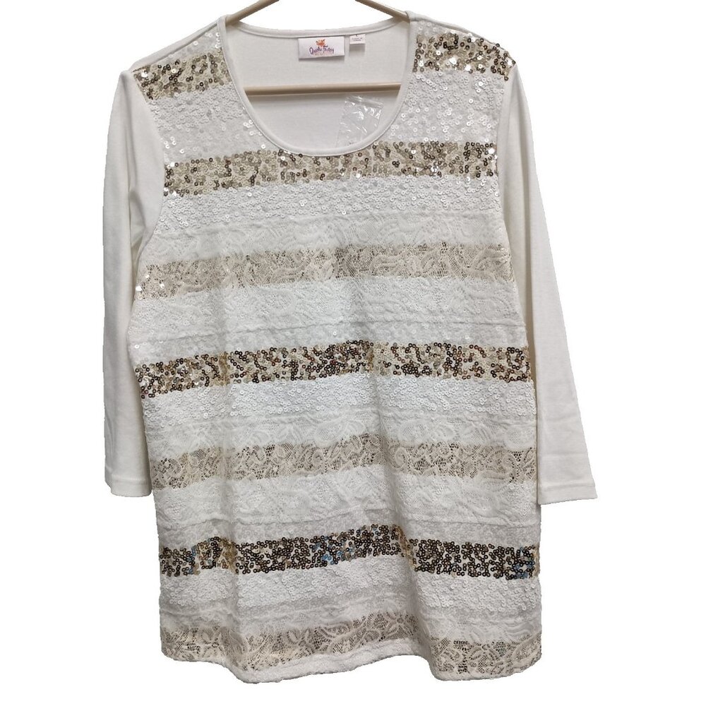 Quacker Factory Womens Top Sze Large White Gold Sequined Lace Fairy‎ 3/4 Sleeve